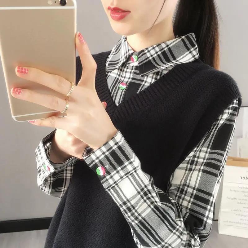 Women's Waistcoat Patchwork Knitted Tops Spring and Autumn Lapel Neck Large Size Tops Loose Casual Knitted Pullover