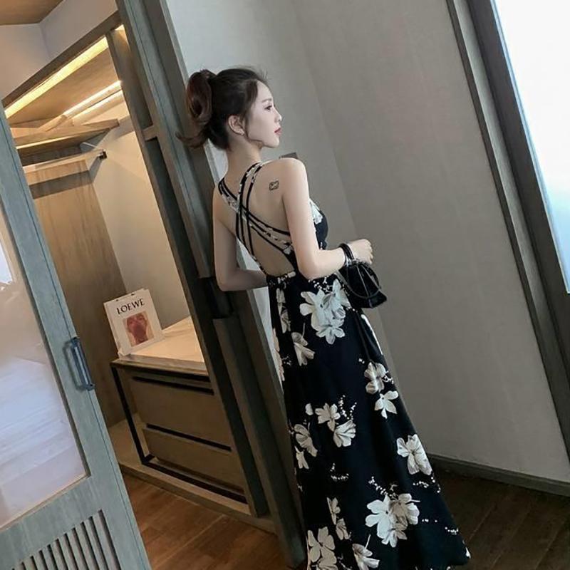 Summer Korean Mid-length Printed Halter Sexy Sling Dress Women's Holiday Big Swing Beach Dress