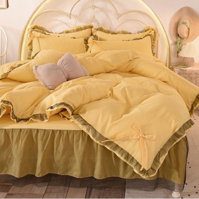 Korean Brushed Bed Skirt Bowknot Four-piece Princess Style Bed Cover Thick Non-slip Lace Bedding