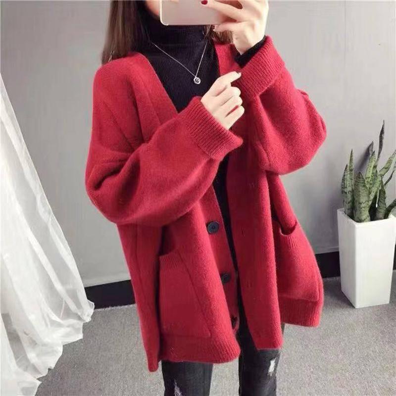 4 Colors Women Long Section Cashmere Loose V-neck Sweater Knitted Cardigan Button Jacket