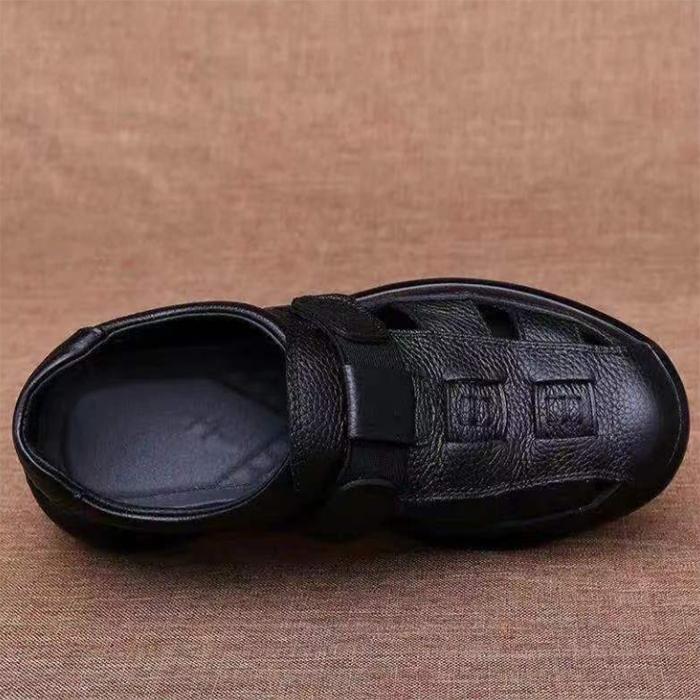 Summer Men's Sandals All-match Soft Bottom Soft Leather Non-slip Breathable Toe Cap Roman Sandals Hollow Velcro Sandals