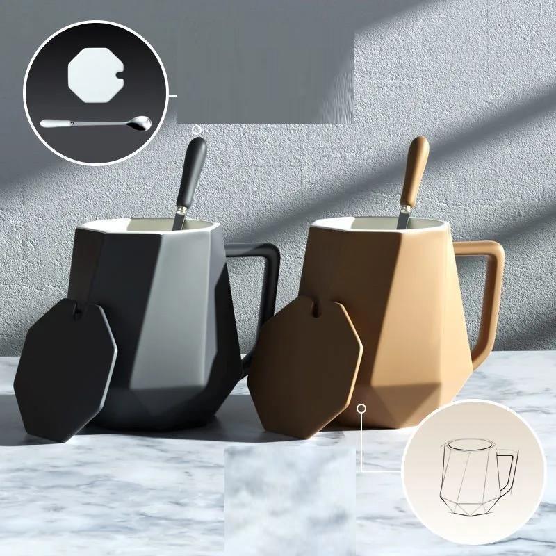 Mug Simple Polyhedron Geometric Cup Ceramic Covered Spoon Coffee Cup Couple Cup Drinking Water Mug Nordic Style