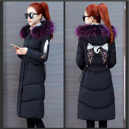 Ladies Down Jacket Winter Fashion Big Fur Collar Hooded Jacket Thick and Cotton Warm Mid-length Jacket