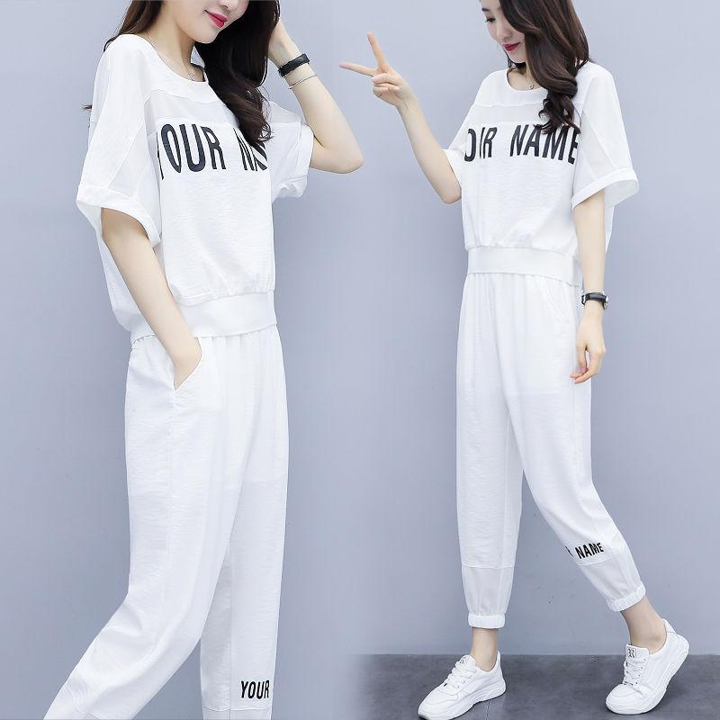 Casual Sports Suit Women's Loose Round Neck Short-sleeved Top + Loose Casual Sports Pants Two-piece Sports Suit Fabric Is Soft Light and Breathable