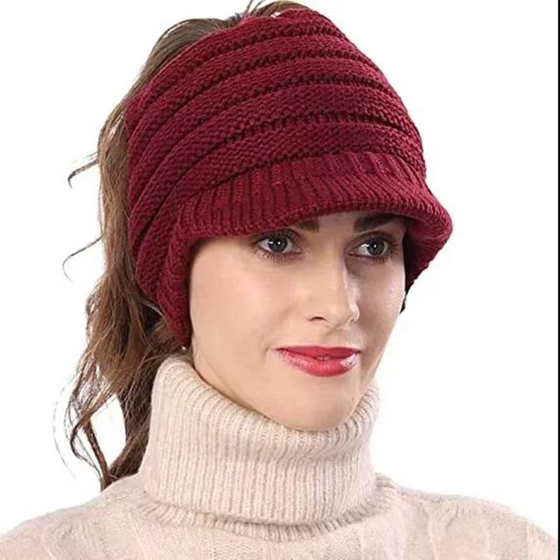 Women's Knitted Ponytail Hat Woolen Warm Cap Sports Outdoor Style Warm Baseball Cap All-match Outdoor Riding Hat Empty Peaked Knitting Cap with Brim