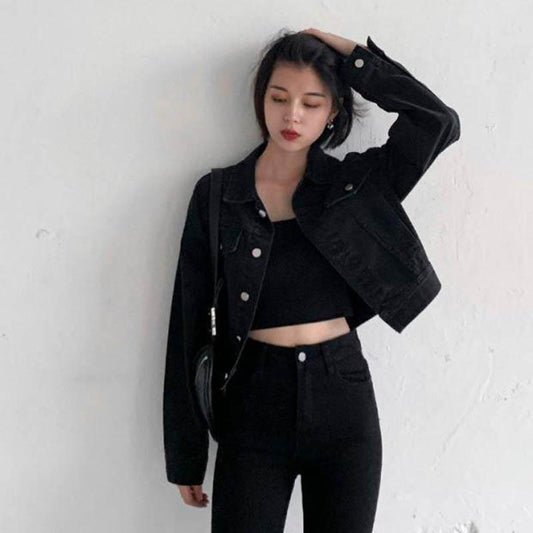 Spring and Autumn Retro Street Loose Black Short Denim Jacket Long Sleeve Jacket Women