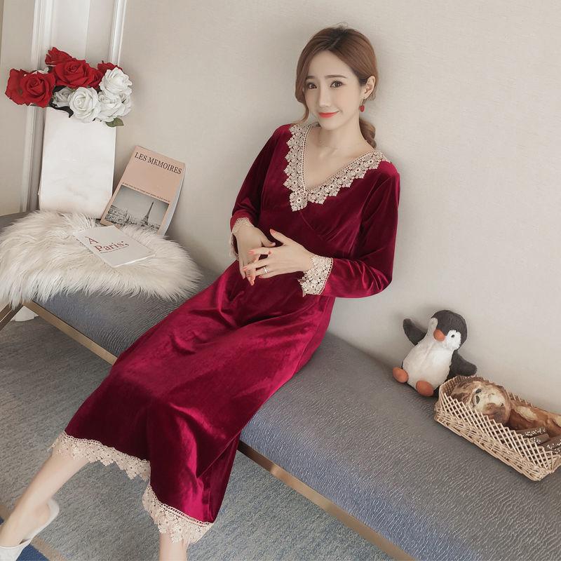 Nightdress Female Gold Velvet Fabric Soft Sexy V-neck Long Skirt Long Sleeve Lace Pajamas Female Spring and Autumn Mid-length Luxury Autumn and Winter