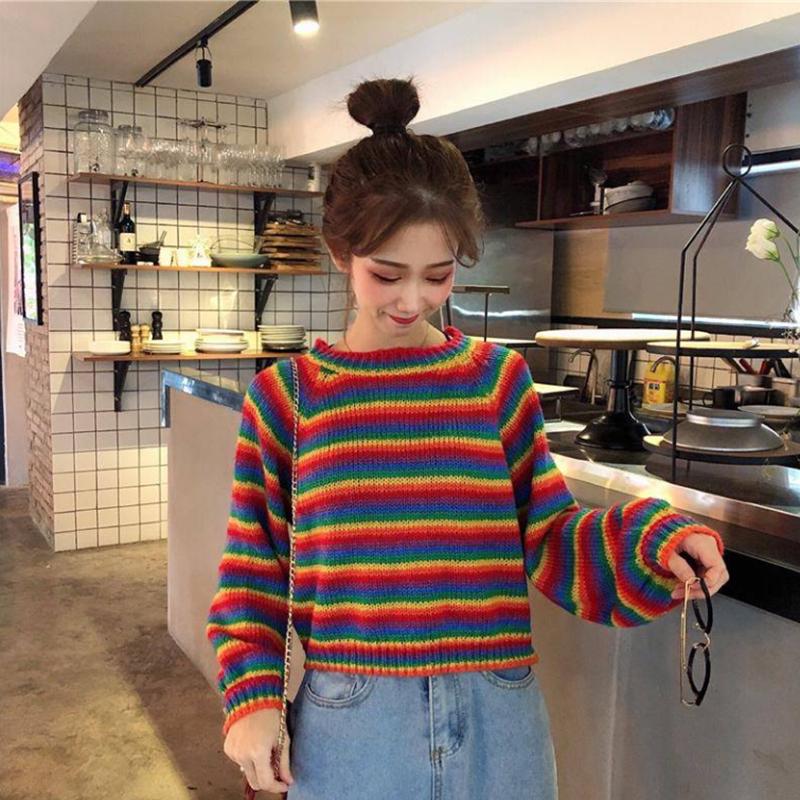 Women's Loose Lazy Student Sweater Women's Pullover Rainbow Striped Short Sweater