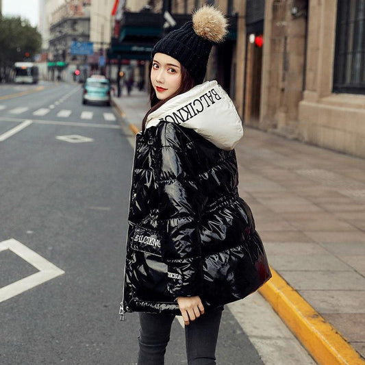 Winter Down Jacket Shiny Korean Version of White Duck Down Thick Loose Short Waist Slimming Hooded Fashion Jacket