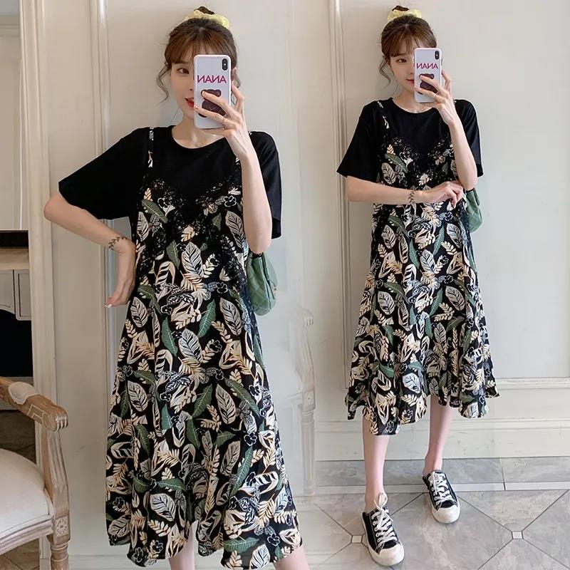 Female Vintage High Waist Super Fairy Holiday Dress Elegant Slim Chiffon Print Pleated One-piece Dress