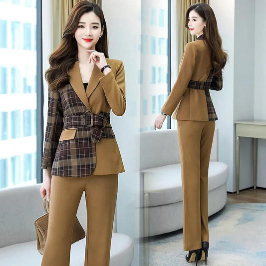 Women Blazer Suit for Spring Autumn Lady Blazer Jacket +Long Pant Female Outerwear Elegant Ladies Coat Plus Size M-3L