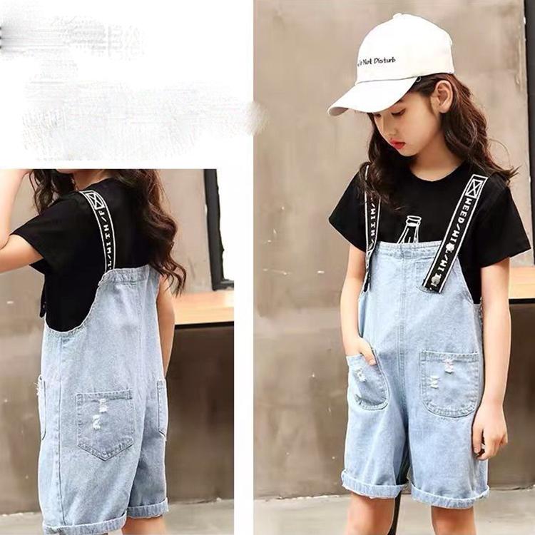 2PCS Children Clothing Set Spring Summer Girls Suits Denim Skirt Solid Color Printing Short Sleeve Strap Skirt Suit Clothing Set