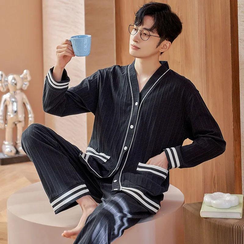 Pajamas Men's Spring and Autumn Long-sleeved Cotton Thin Latest Suits Trendy Men's Loose Can Be Worn Outside The Home Clothes