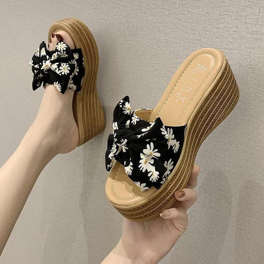 High-heeled Thick-soled Slippers Women's Summer One-word Thongs Are Thin and Heightened Bow Beach Sandals and Slippers