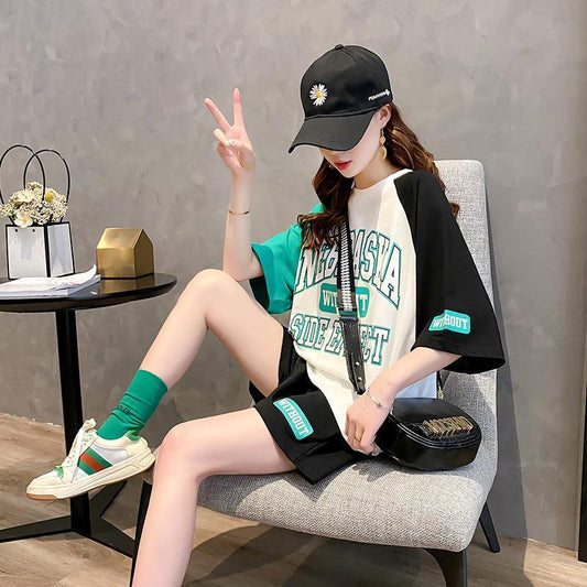 Two-piece Small Fresh Sports Style T-shirt Suit Women's Summer Casual Short-sleeved Top Shorts Sweet and Cute Ladies Sports Suit