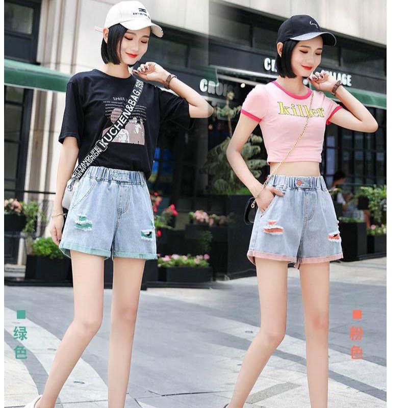 WTEMPO Elastic Waist Denim Shorts Female Summer College Style Was Thin Wide Leg High Waist Student Pants