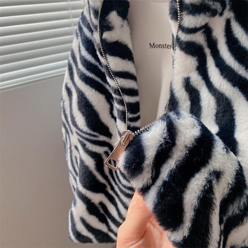 Girls' Zebra Print Jacket Thickened and Velvet Autumn and Winter Warm and Windproof Top