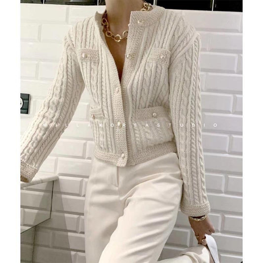 Autumn and Winter Short Knitted Sweater Pure Color Pearl Button Cardigan Top Fashion Simple Female Jacket