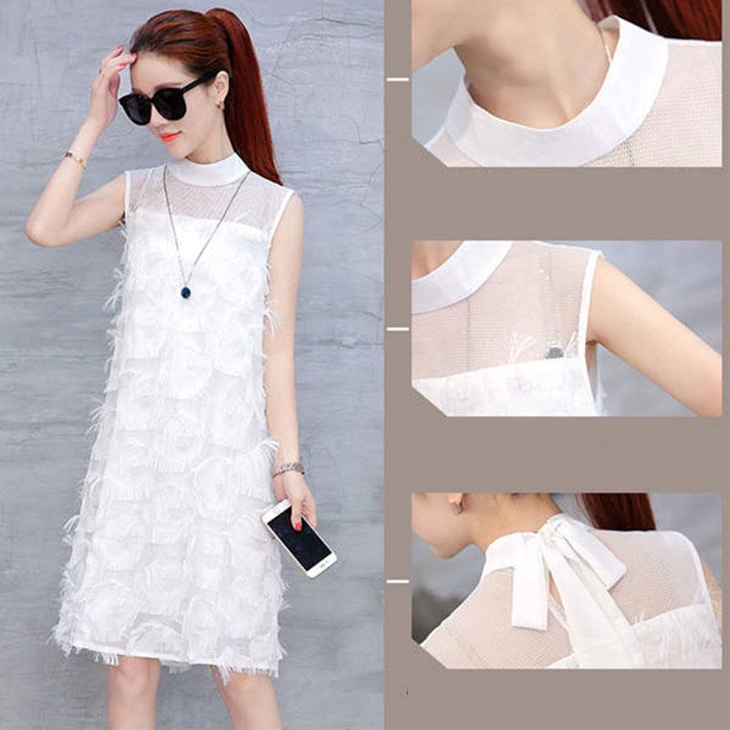 Summer Women Mesh Gauze Stitched Sleeveless Chiffon Dress Fringed Sexy Dress A-line Dress