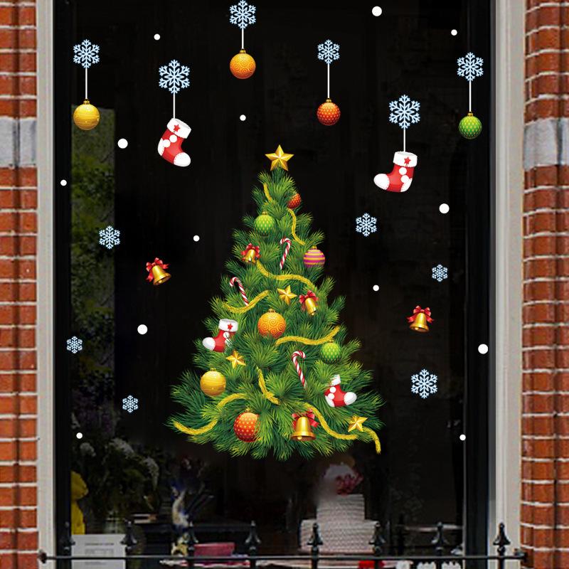 Christmas scene layout shop window glass Christmas tree wall stickers window flower ornaments