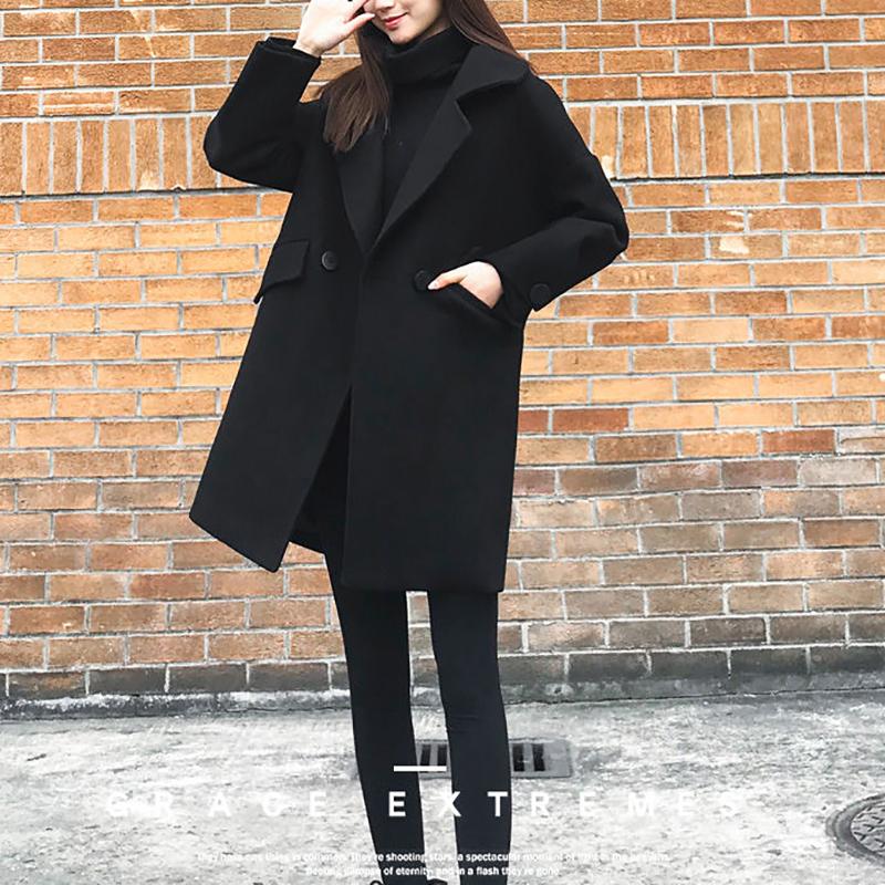 Cotton Thickened Mid-length Woolen Coat Autumn and Winter Loose and Thin Black Woolen Coat