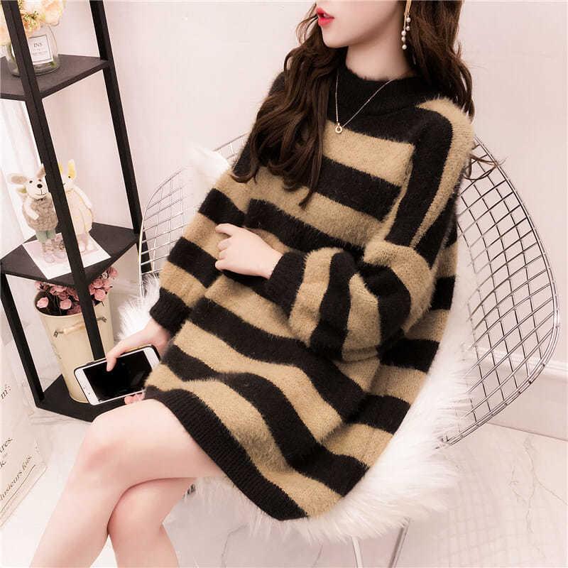 Autumn and Winter Imitation Mink Thick Sweater Striped Pullover Sweater Women Fashion Casual Jacket