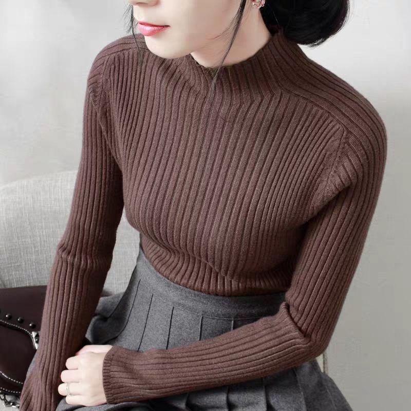 Pofulove Solid Color Half Turtleneck Slim Was Thin Sweater Women's Sweater Pullover Bottoming Shirt