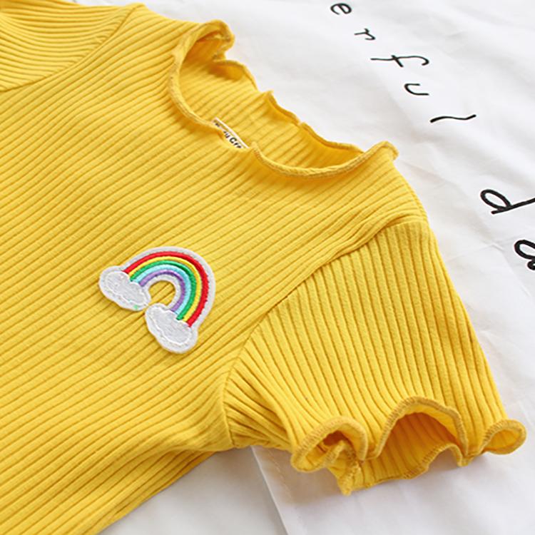 Summer Kids Cute Girls'  Thin T Shirt with Ruffle Stretch and Slim Embroidery Rainbow Smile Pineapple T Shirt