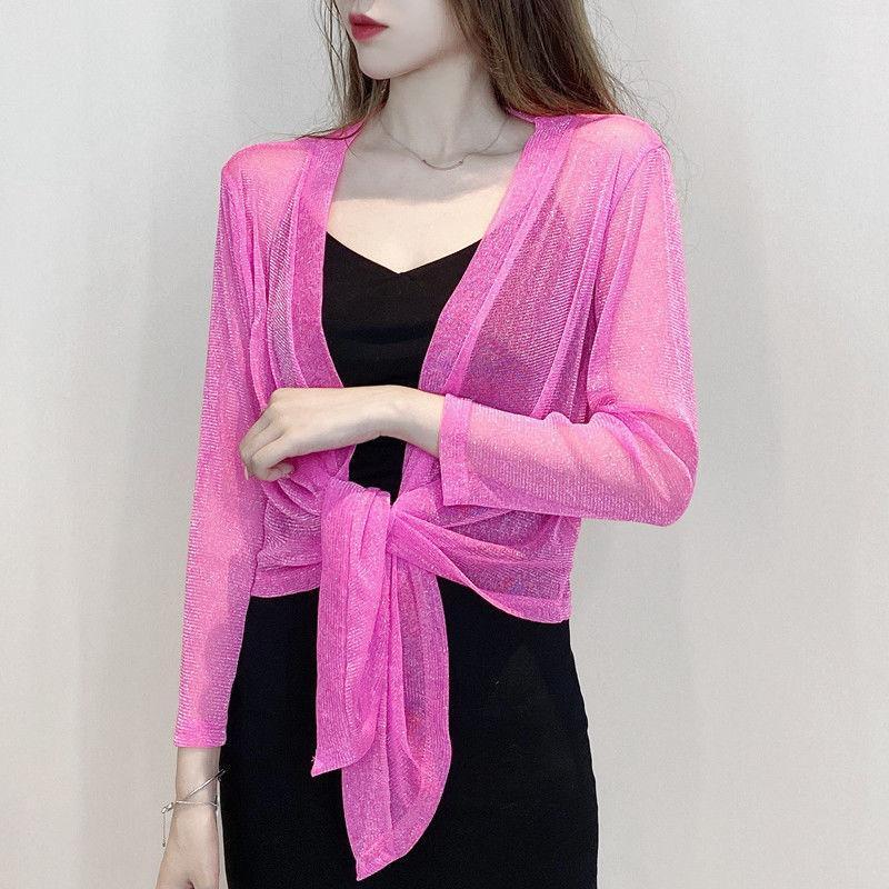 1 PC Long-sleeved Nylon Lace Cardigan Thin Shawl Female Sun Protection Shirt Summer Short Coat Top