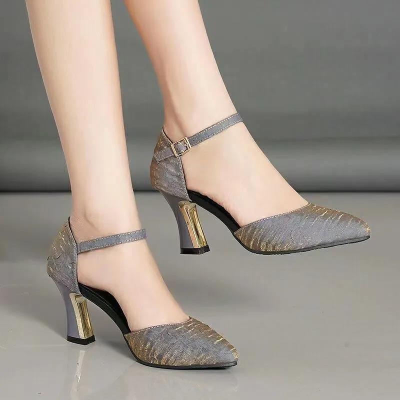 Pointed Toe Chunky Heel Summer Sandals Women's Real Soft Leather Toe High-heeled Shoes