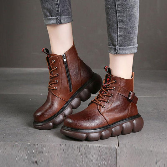 Leather Martin Boots Women's Thick-soled Short Boots Women's Autumn and Winter Leather Boots Lace and Velvet Boots Snow Boots