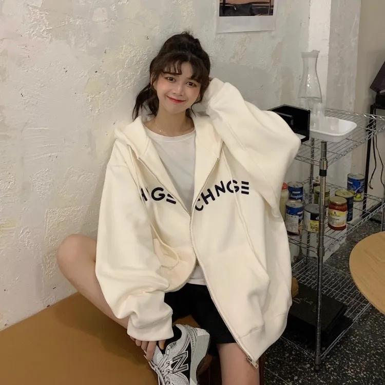 Embroidered Solid Color Sweater Coat Women Autumn and Winter Loose Hooded Cardigan Large Size Sweater Girl's Zipper Jacket