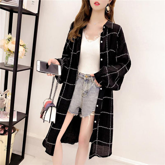 Mid-length Loose Plaid Shirt Women's Long-sleeved Sun Protection Clothing Long Shirt Women's Loose Casual Sun Protection Shirt