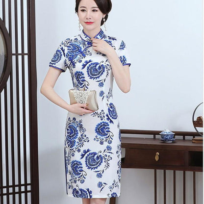 Cheongsam Female Summer Improved Cheongsam Mother Dress Large Size Silk Mid-length Short-sleeved Cheongsam Dress