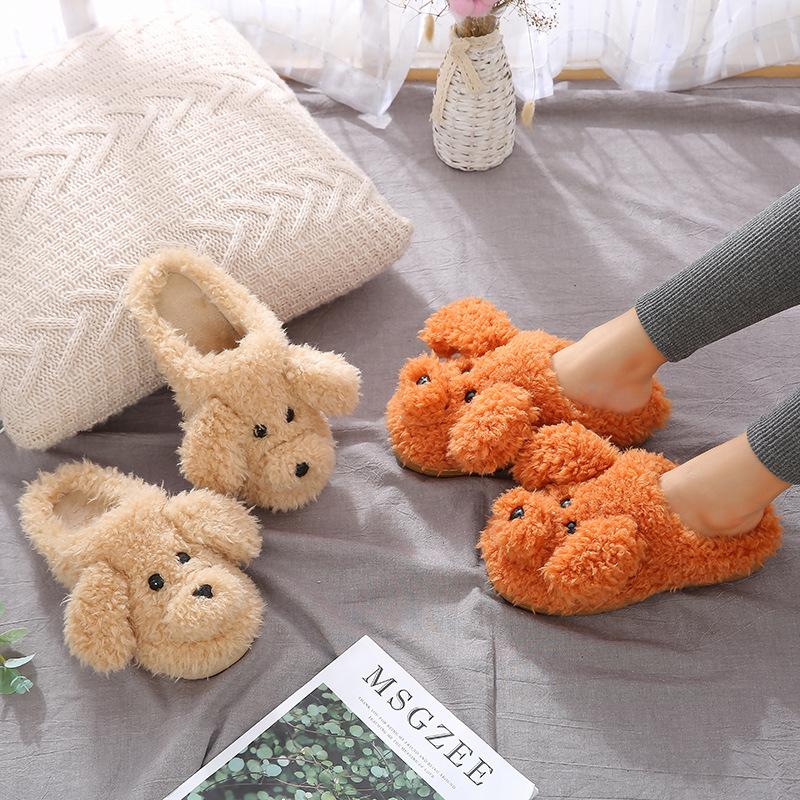 Women Slippers Winter Shoes for Women Cute Teddy Dog Faux Fur Warm Soft Indoor Home Slippers Plus Size Couples House Slipper Non Slip Slides