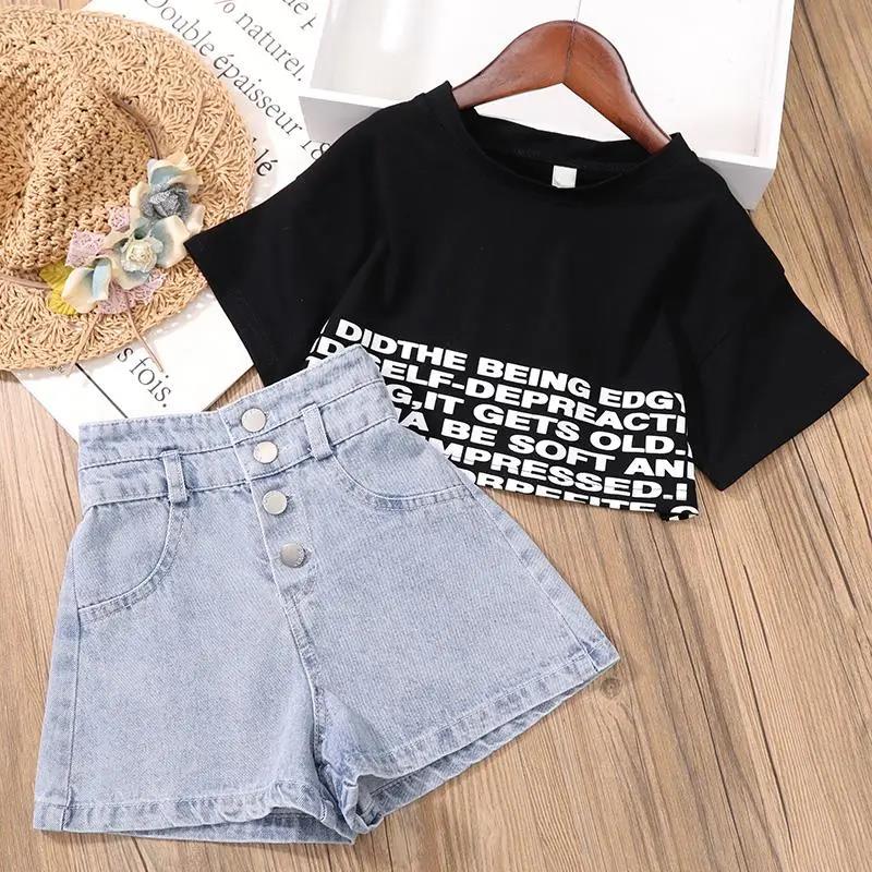 2PCS Children Clothing Set Spring Summer Girls Suits High Waist Denim Shorts Printing Letter Middle Sleeve Tops Clothing Set