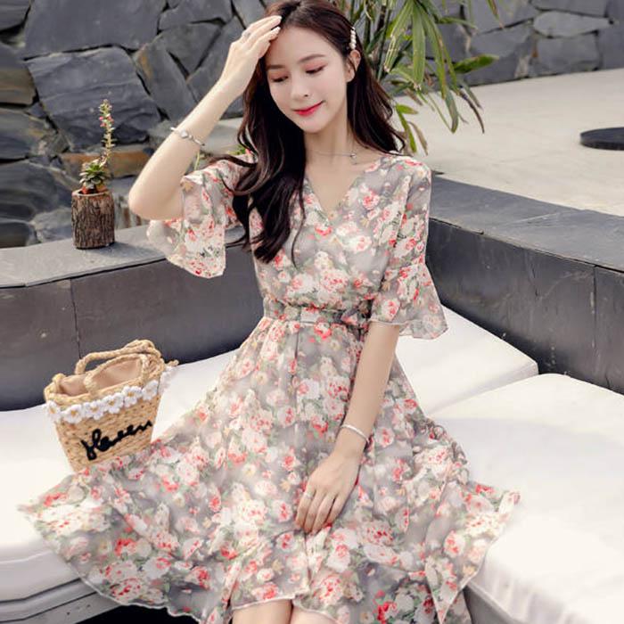 Pofulove Women Chiffon Printed V-neck Dress Slim Fit A-line Sun-dresses Mid-length Beach Skirt