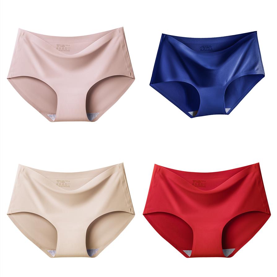 4Pcs/Set Ice Silk Seamless Underpants Women's Mid-waist Large Size Solid Color Thin Soft Briefs