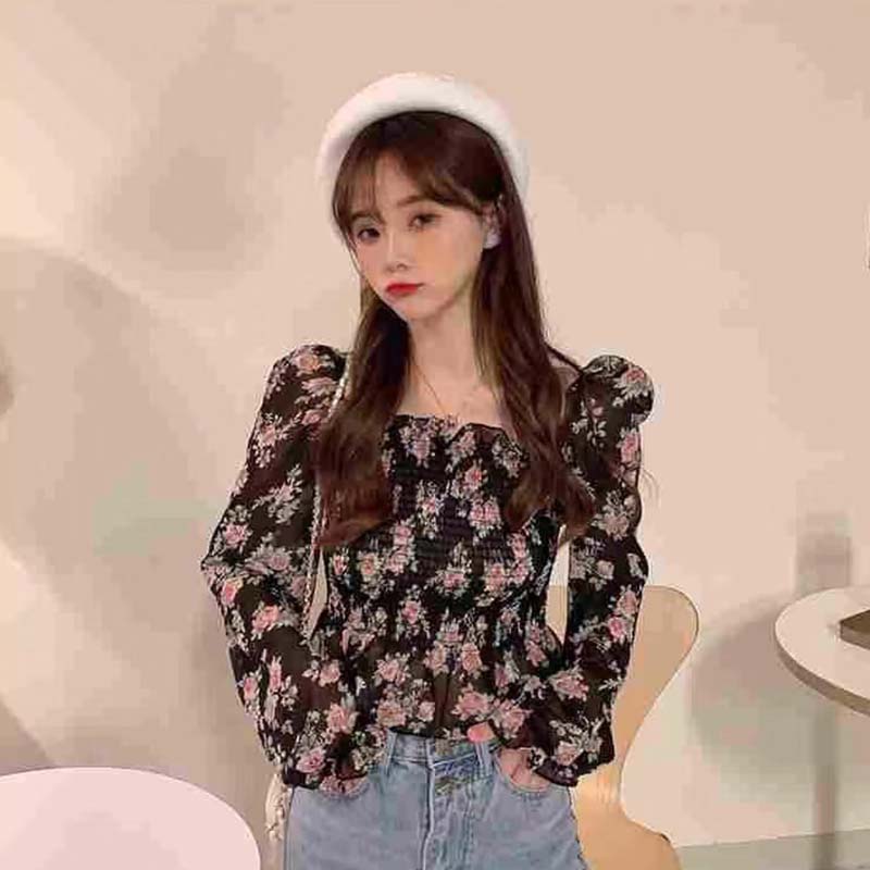 Floral Chiffon Shirt French Sweet Flower Print Bubble Lantern Sleeves Off the Shoulder Top Slim Blouses Sexy Pullover Womens Tops Summer Blouse