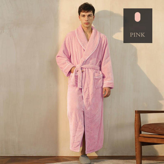 Autumn and Winter Flannel Nightgown Men's Flannel Lengthened Thick Bathrobe Men's Winter Coral Fleece Naked Pajamas