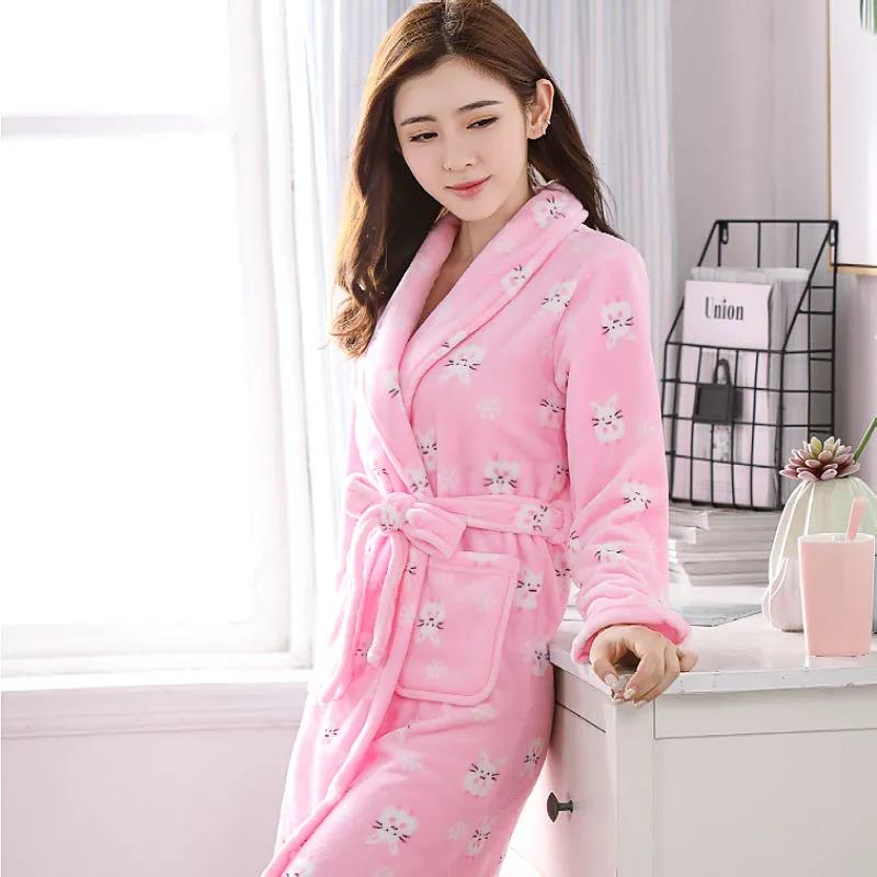 Winter Kimono Robe Plush Fleece Bathrobes for Women Soft Warm Printed Long Sleeve Sleepwear Pajamas