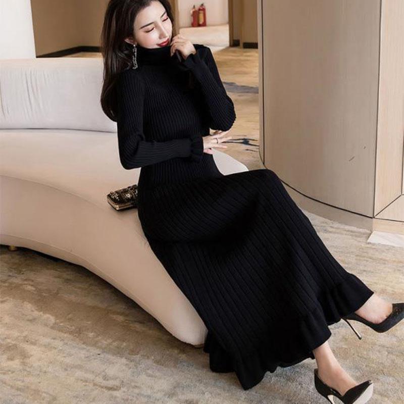 Autumn and Winter High Neck Slim Ruffled Over-the-knee Bottoming Long Skirt Knitted Dress Super Long Sweater Women To Ankle