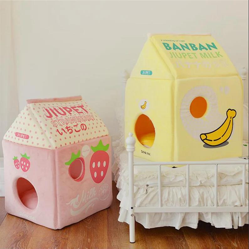 Foldable Cute Pet Cat Bed House Strawberry Banana Milk Box Cat House Winter Warm Plush Soft Cave Cat Kitten Kennel Pet Supplies