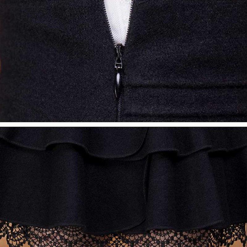 Plus Size High Waist Woolen Pleated Skirt Women Sexy Lace Stitching Puff Skirt Spring, Autumn and Winter Short A-line Skirt