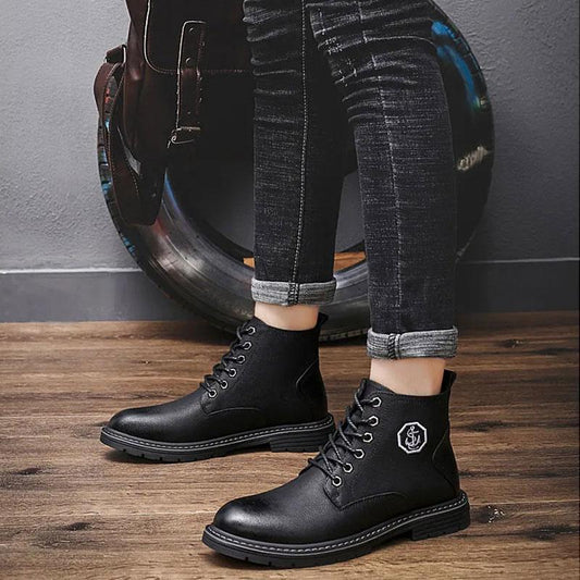 Martin Boots Men's High-top Autumn and Winter Short Boots Tooling Boots Black Plus Velvet Leather British Style Mid-top Boots Boyfriend Shoes