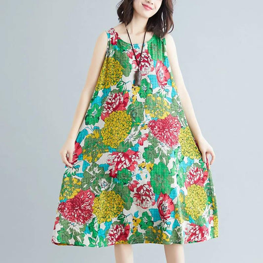 Ethnic Style Big Swing Dress Female Summer Sleeveless Sling Large Size Printing Mid-length Skirt Fabric Is Light Breathable Loose and Comfortable