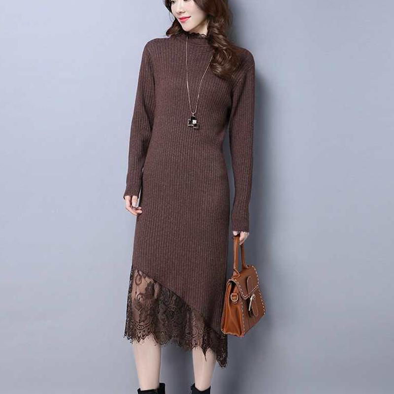 Autumn and Winter Fashion Lace Stitching Women's Bottoming Shirt Long-sleeved Mid-length Over-the-knee Slim Warm Sweater Dress