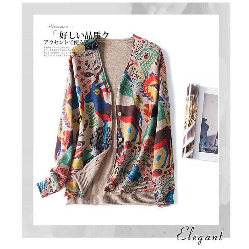 Bohemian Printed Cardigan Sweater Women Loose Large Size Ethnic Style Knitted Jacket Outer Wear