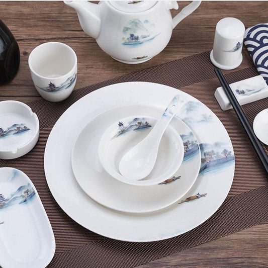 Chinese-style Hotel Tableware Four-piece Set of Bone Dish Fin Bowl Teacup Spoon Landscape Painting Ceramic Tableware