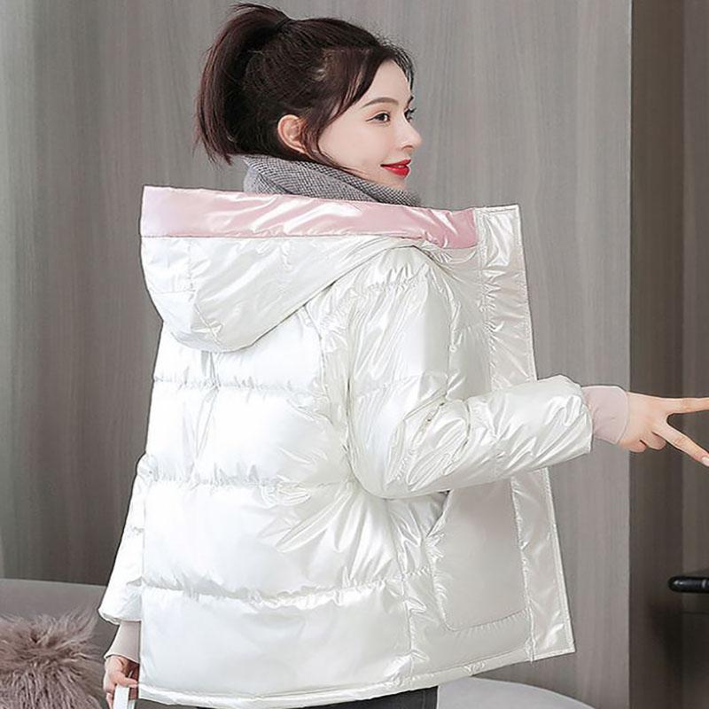 Winter Fashion Ladies Bright Leather Down Jacket Short Color Thick Loose Hooded Disposable Down Jacket